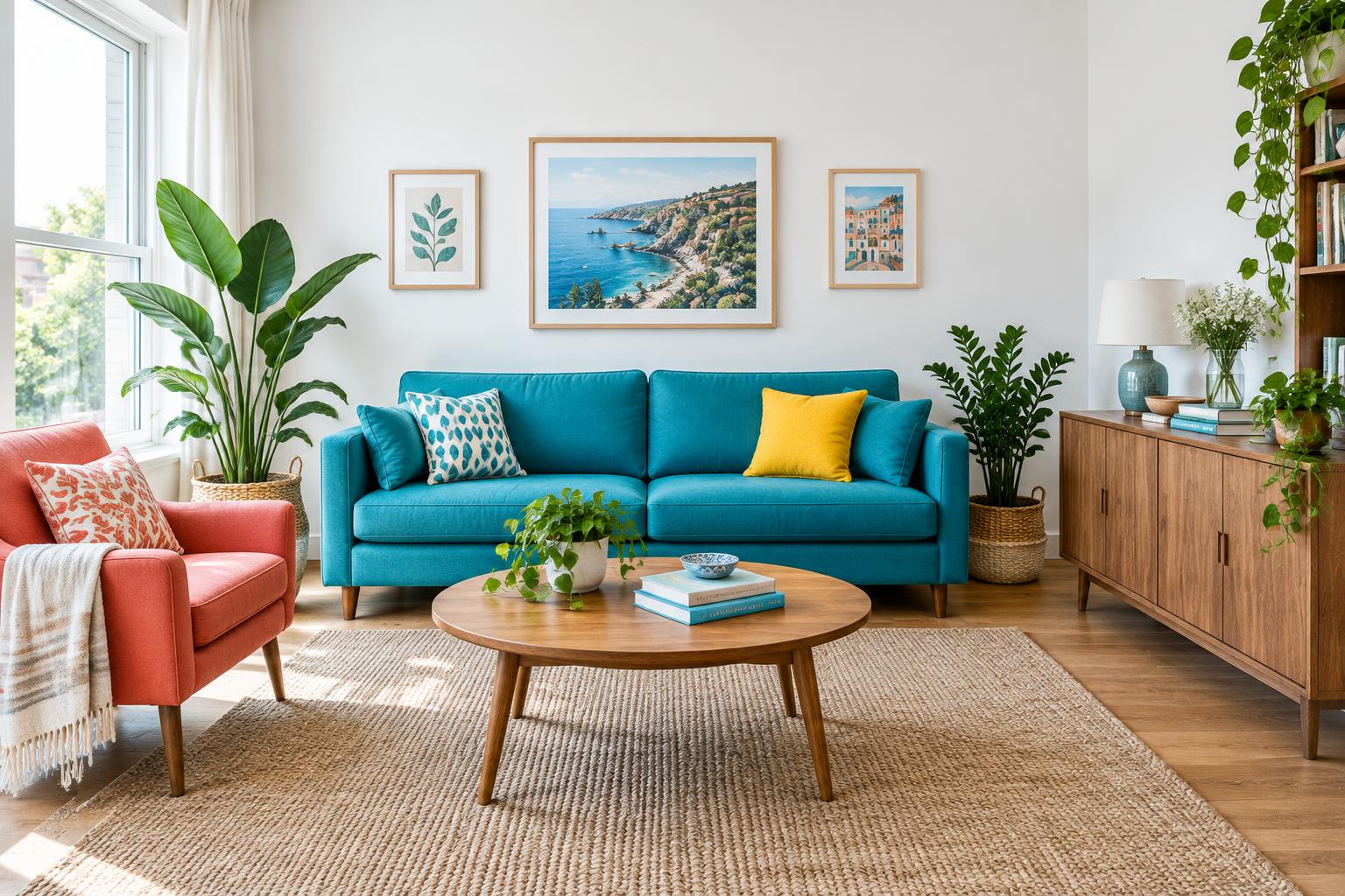 Bright living room with colorful furniture and plants